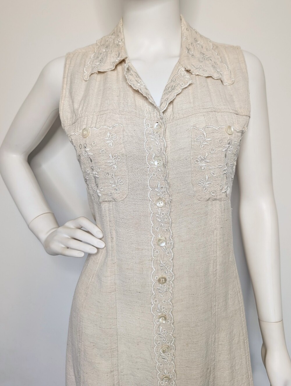 Vintage 90s Cream Color Linen Blend Button Front Sleeveless Collared Midi Dress - Picture 4 of 14